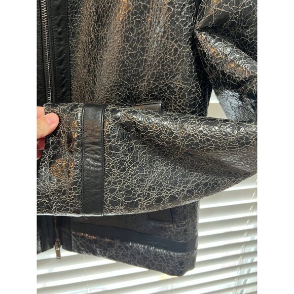 HUGO BOSS Mens Black Textured Leather Shearling Collar Aviator Jacket NWT - Picture 4 of 12